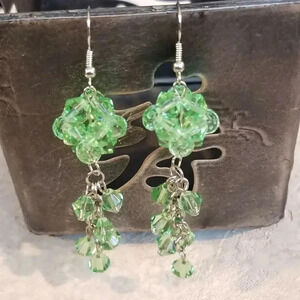 Handcrafted Swingy Diva Green Glass Bicone Beads Baroque Dangle Earrings